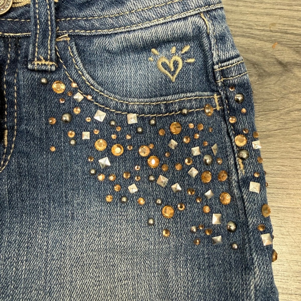 Y2K Justice Denim Mini Skirt Girls 7S Rhinestone Studded Bling Frayed Hem - Picture 4 of 14